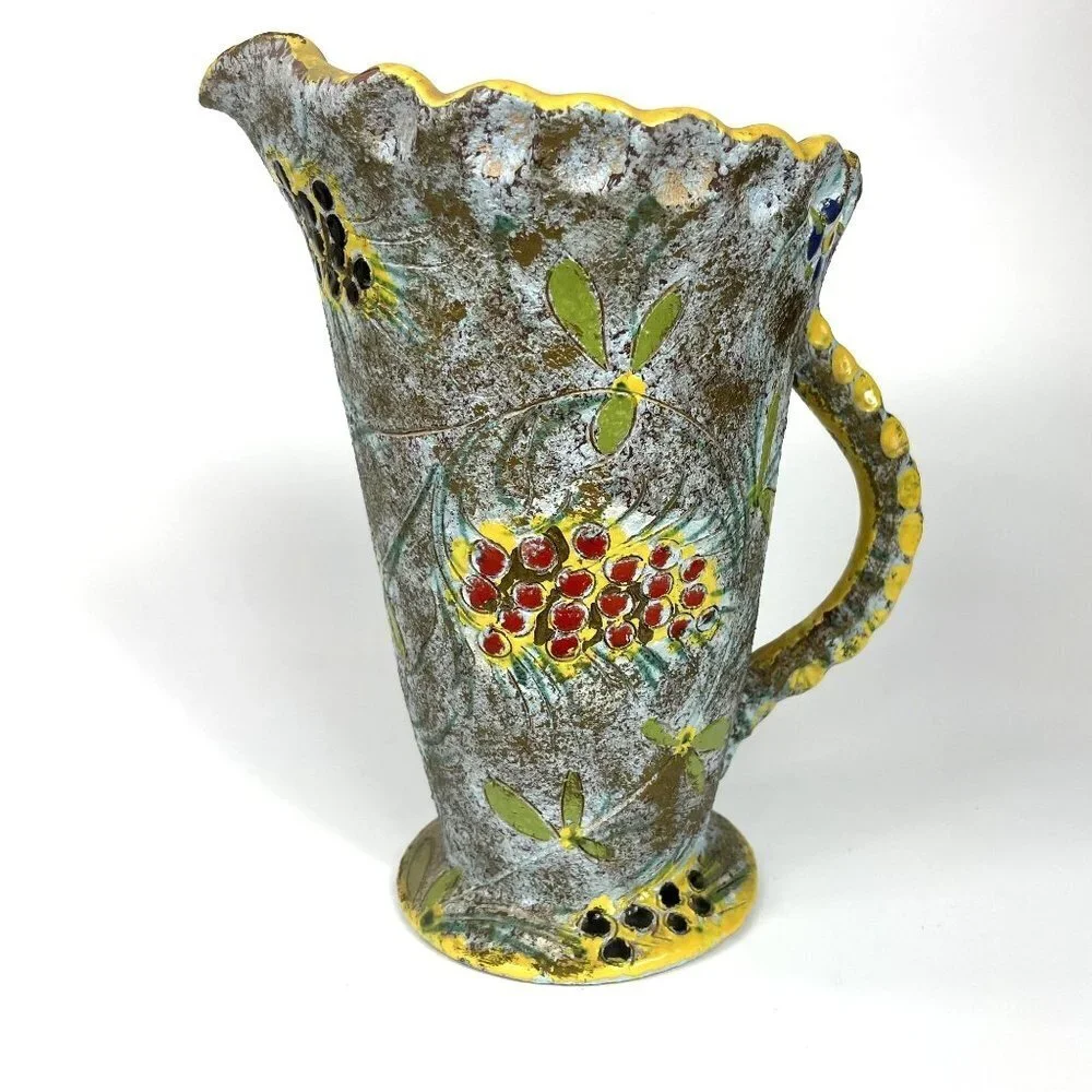 Mid century Modern Lava glaze Sgraffito Pitcher Berries